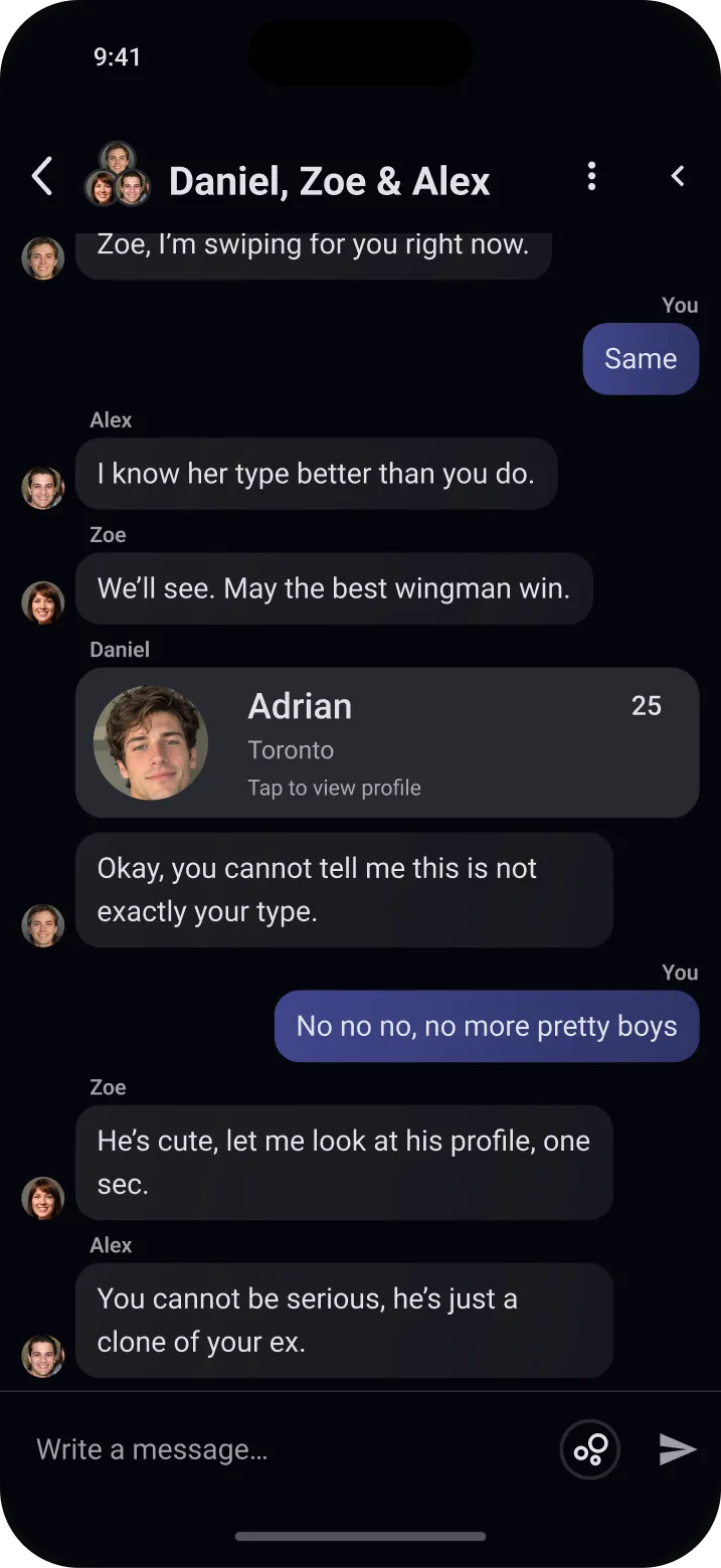A private group chat, with a profile shared into it
