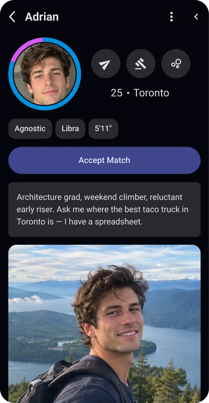 A member’s profile, with their photo, details and opinions