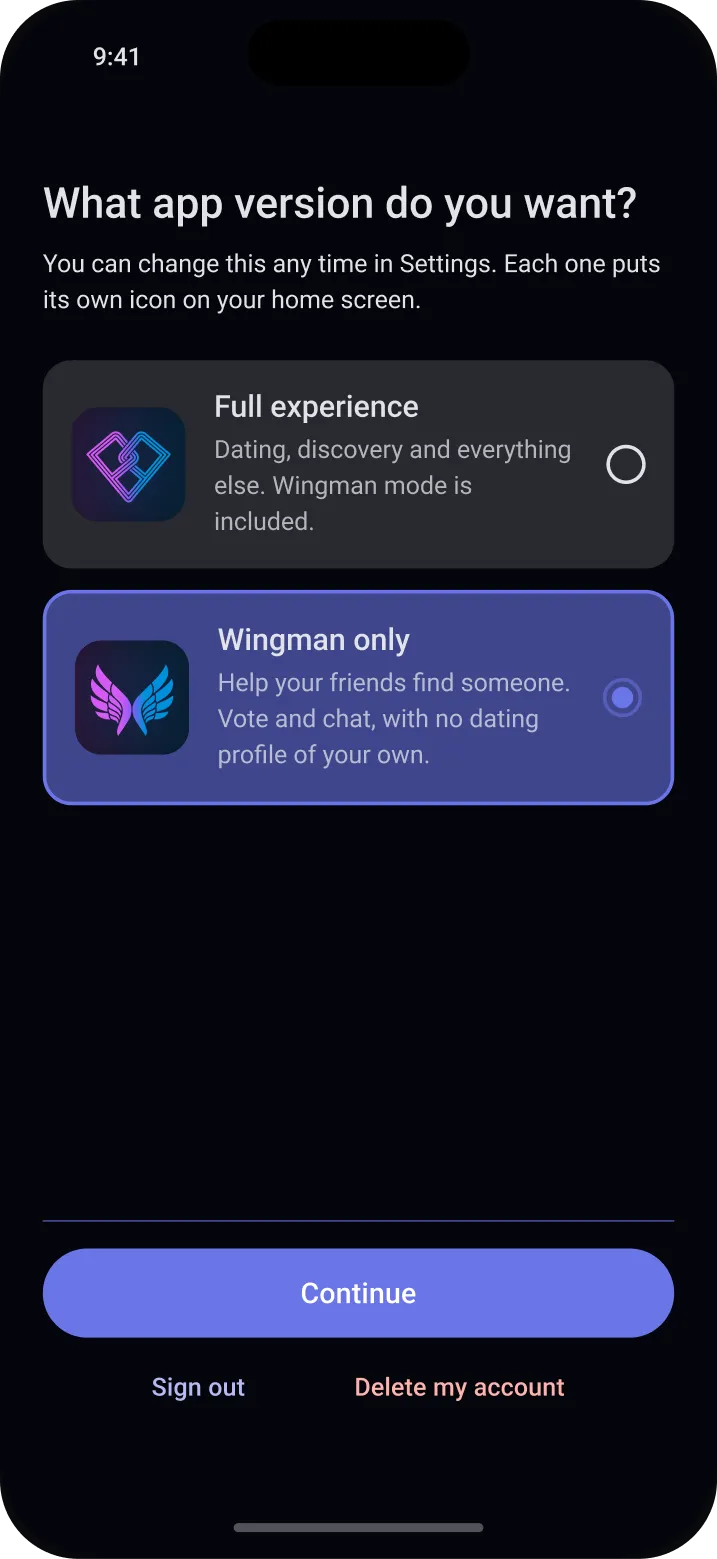 Choosing Wingman only, the version with no dating profile