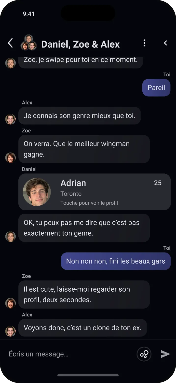 Une conversation de groupe privée, avec un profil partagé