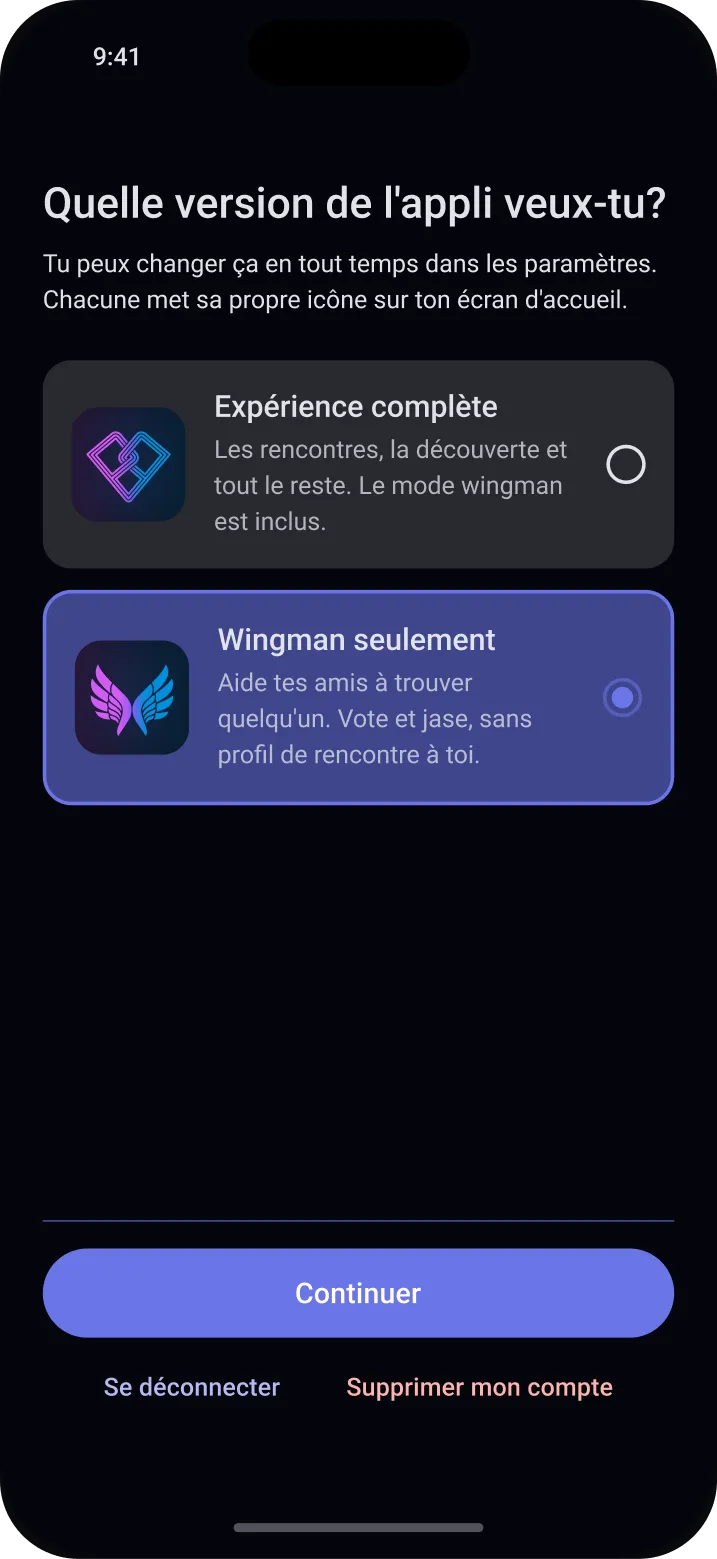 Le choix de Wingman seulement, la version sans profil de rencontre